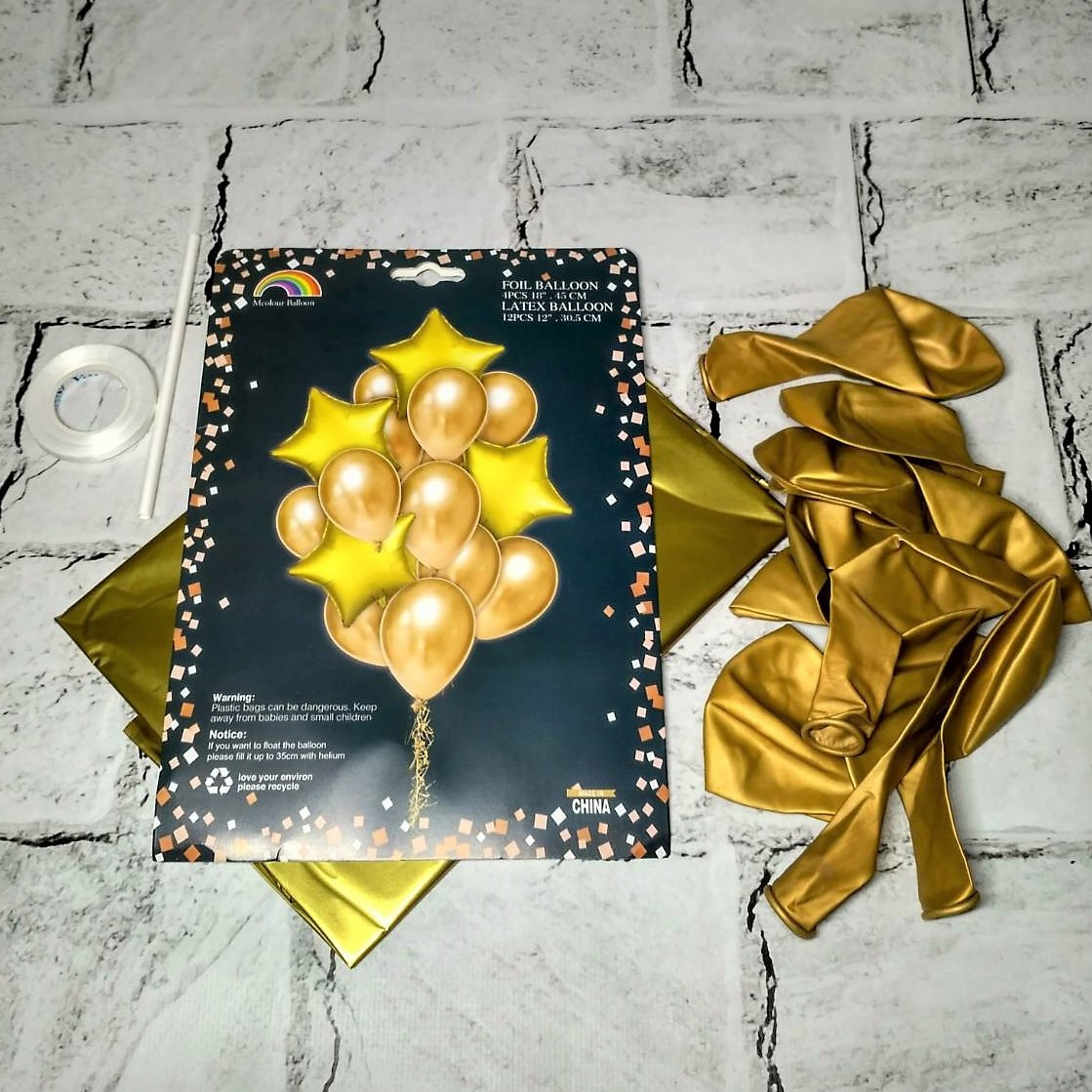 Повітряні кульки фольговані Зірки латексні круглі 16 шт Золоті F-111