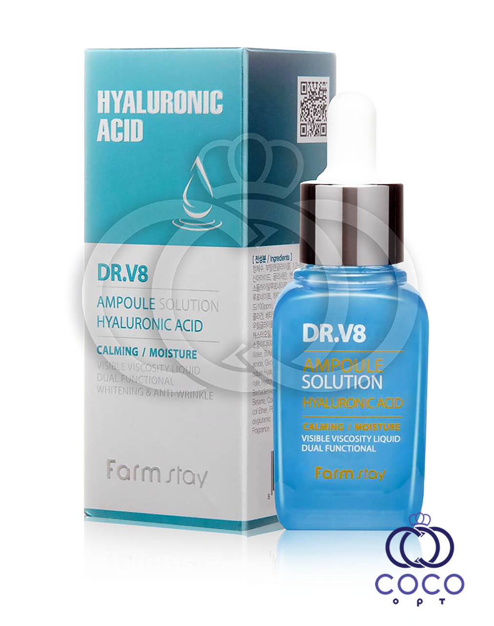 Ампульна сироватка для обличчя Farm stay DR-V8 AMPOULE SOLUTION HYALURONIC ACID з гіалуроновою кислотою 30 мл, фото 1