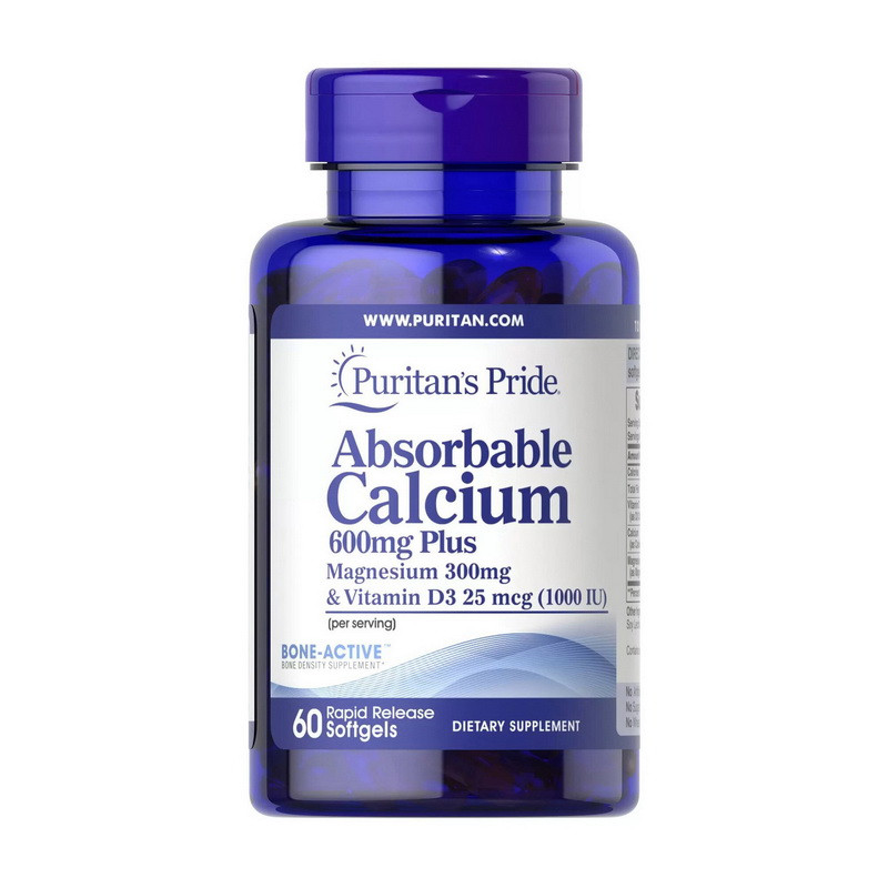 Кальцій магній Д3 Puritan's Pride Absorbable Calcium 600mg Plus Magnesium 300mg & Vitamin D3 25mcg (60 caps)