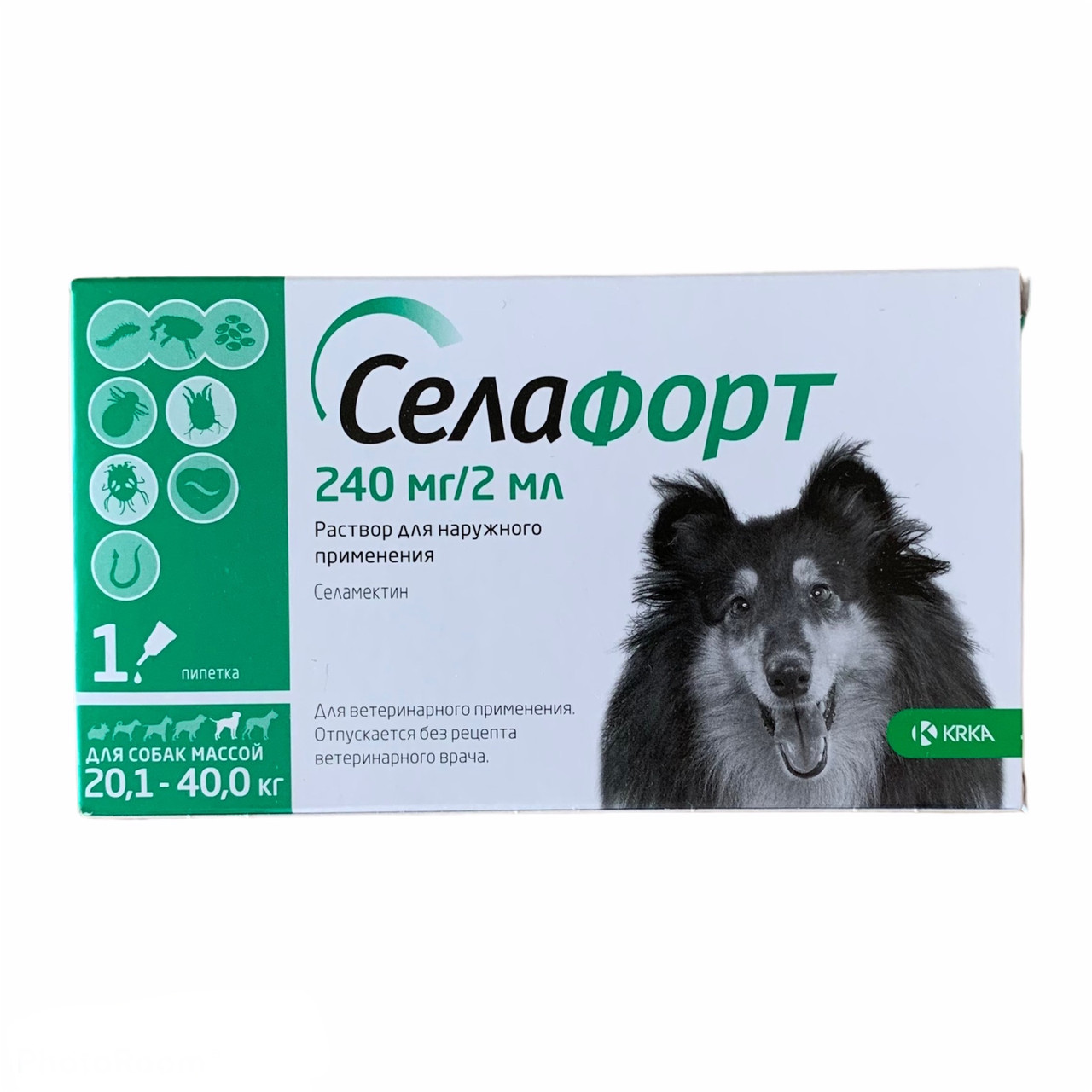 Селафорт краплі на холку для собак 20-40 кг 240мг/2мл 1пип проти бліх,кліщів і глистів KRKA