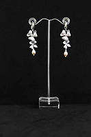 Серьги свадебные серебро с натуральным жемчугом и цветами родий "Перси" Длинные серьги для невесты