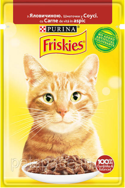 Вологий корм Friskies (для котів шматочки в підливі з яловичиною) 85г.