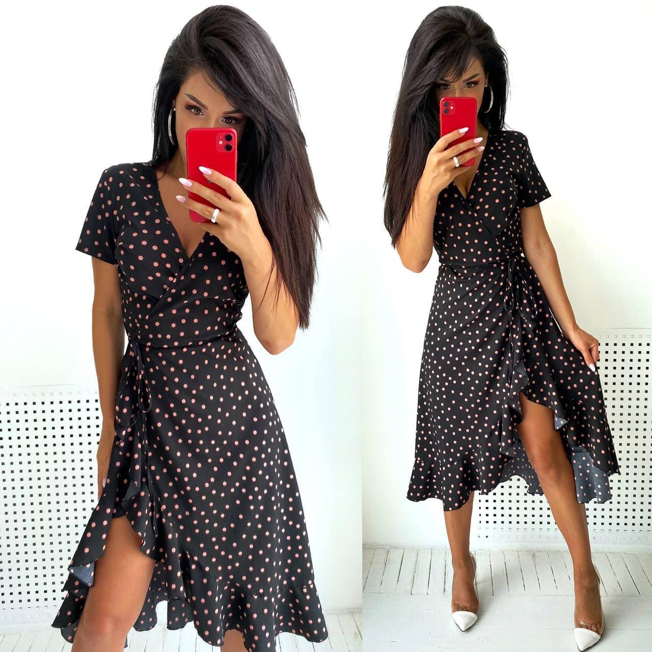 Дуже красиве літнє плаття нижче коліна з розрізом у горох Чорне С-М