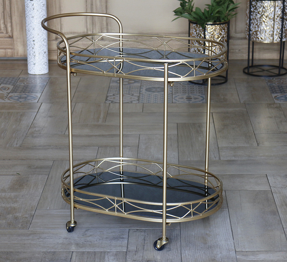 Сервірувальний золотий столик на колесах з металу з чорною скляною стільницею Гранд Презент 50158A, фото 1