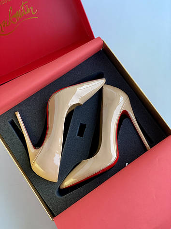 Жіночі бежеві лаковані туфлі-човники Christian Louboutin So Kate 12 см Лабутени нюд з червоною підошвою, фото 1