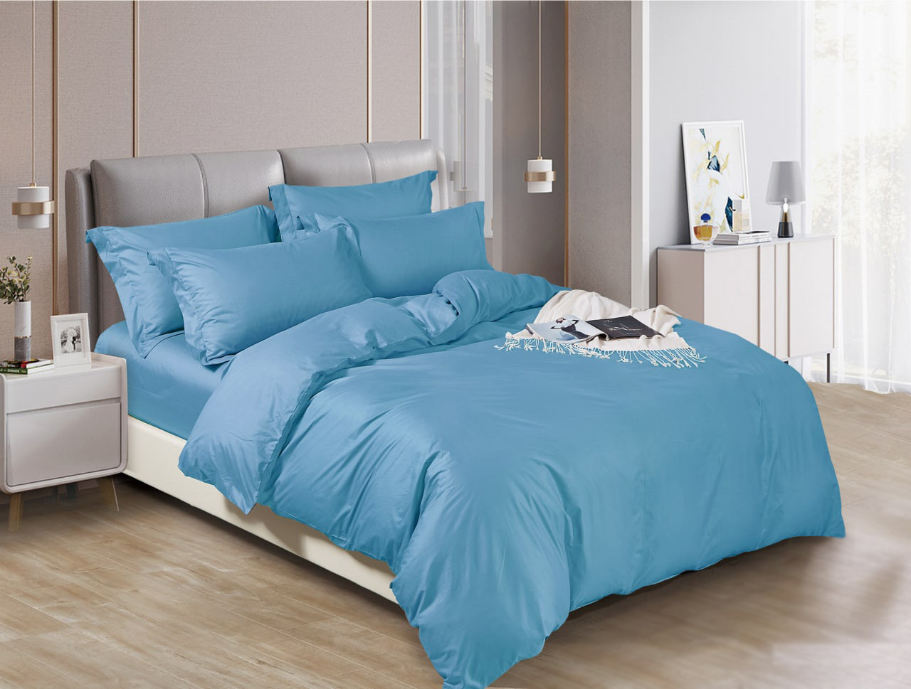 Двоспальний однотонний комплект постільної білизни 180х220 бавовна сатин люкс (17640) Постільна білизна блакитна, фото 1