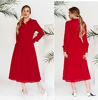 Красное платье ниже колена батист с набивным горошком, размер от 42 до 48