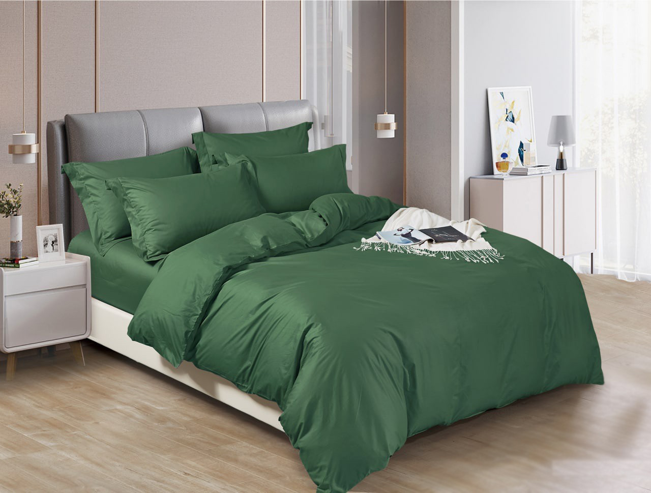 Двоспальний однотонний комплект постільної білизни 180х220 бавовна сатин люкс (17645) Постільна білизна зелена, фото 1