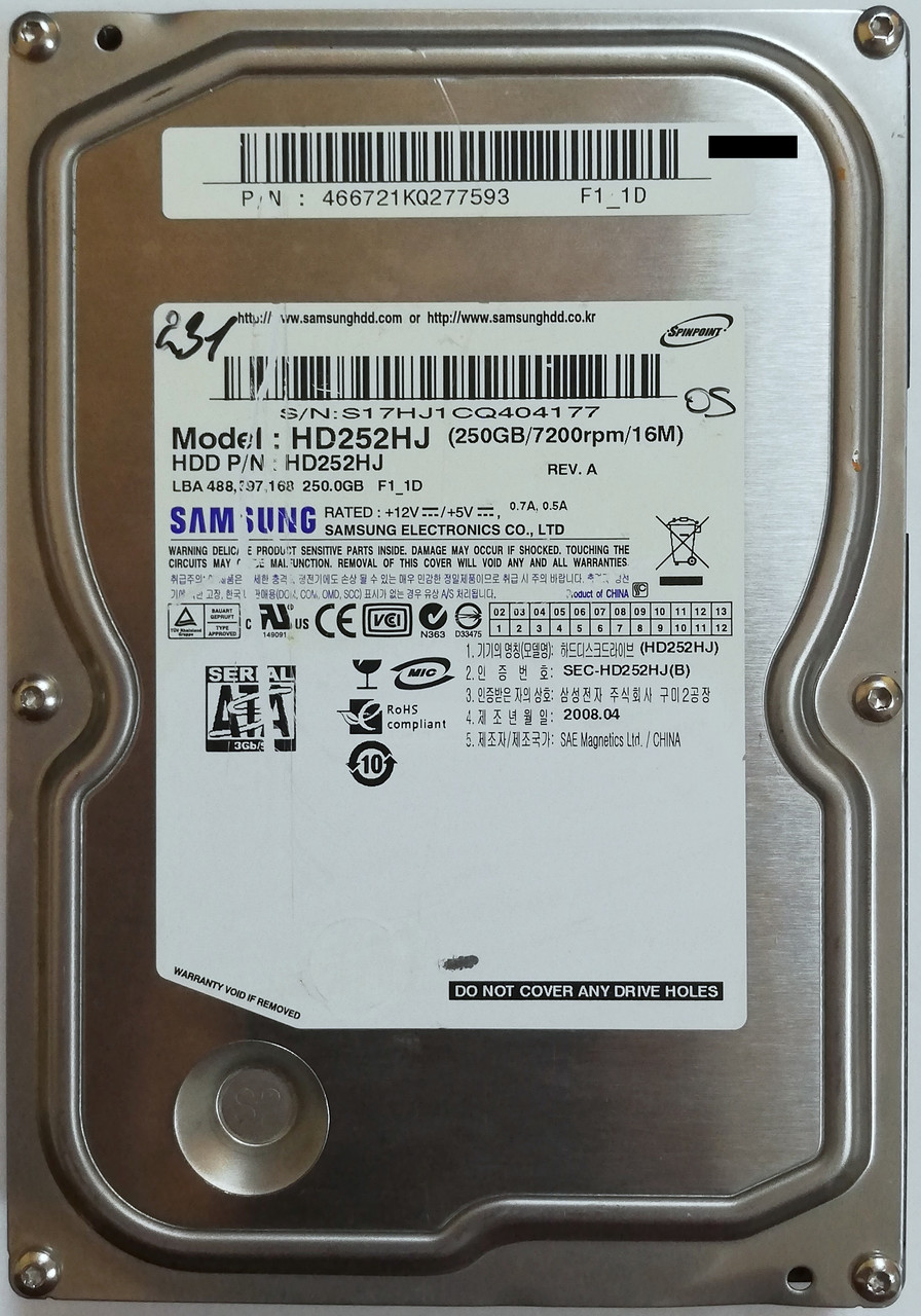 Жорсткий диск для комп'ютера Samsung SpinPoint 250GB 3.5" 16MB 7200rpm 3Gb/s (HD252HJ) SATAII, Б/В, На запчастини