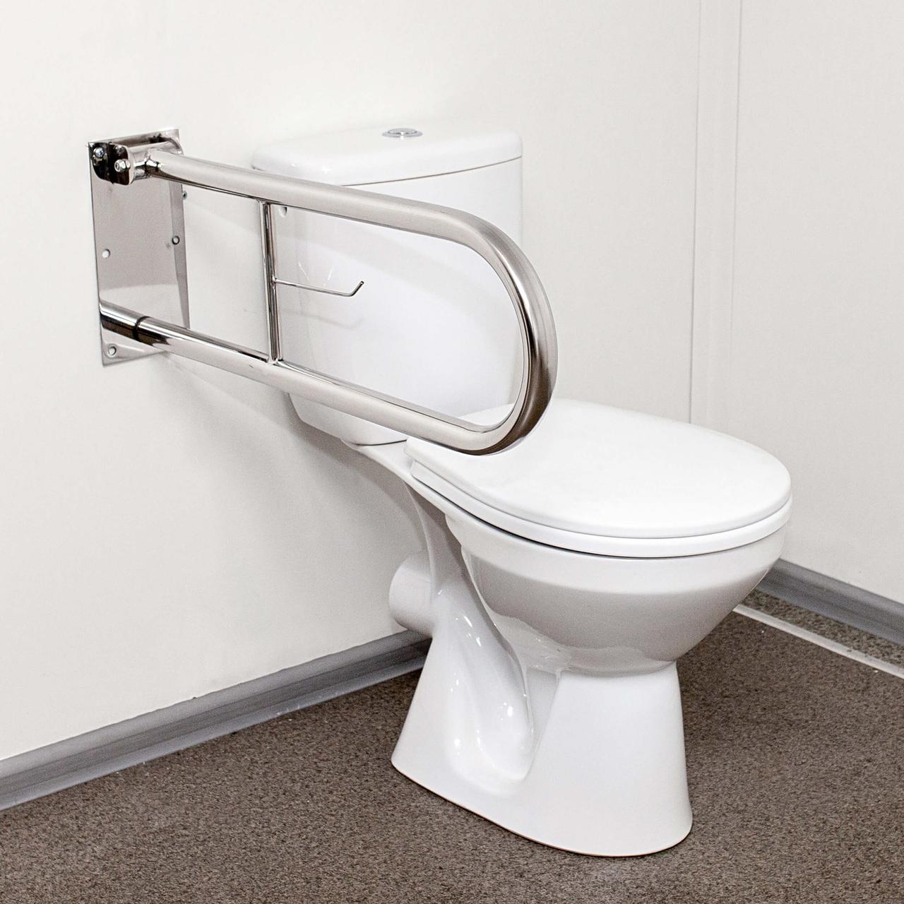 Поручні настінні відкидні для інвалідів із тримачем паперу, ручка ⁇ 32 мм, неіржавка сталь (700 мм)., фото 1