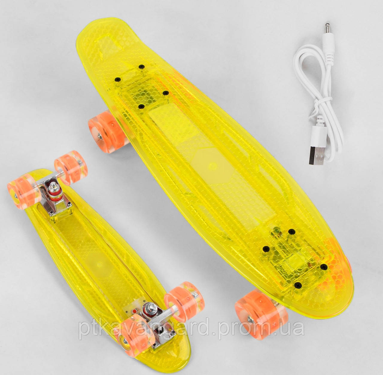 Скейт Пенні борд світний прозорий Жовтий Best Board, дека зі світлом, колеса PU зі світлом, заряджання USB