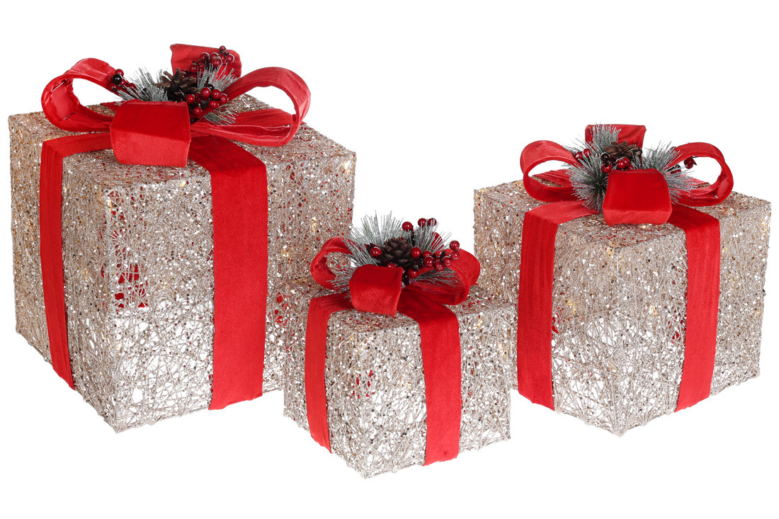 Набір декоративних подарунків (3шт) з підсвічуванням 15см, 20см, 25см, колір - шампань із червоним (NY12-370)
