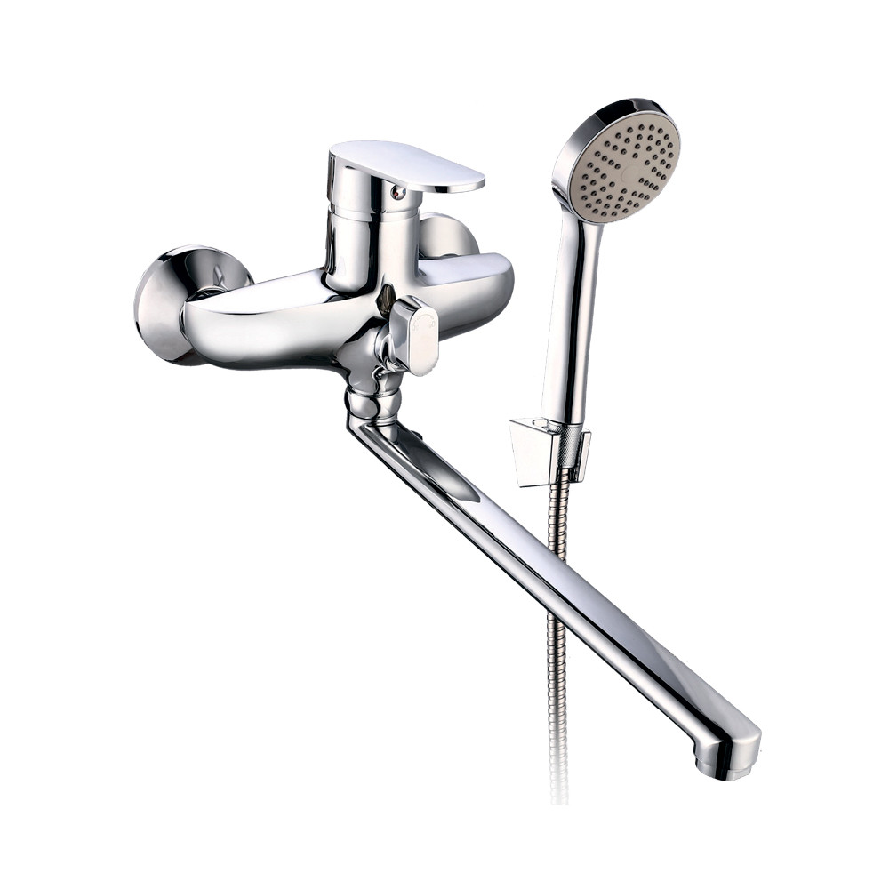 Змішувач для ванни з душем (гусак прямий 350 мм, шланг, лійка, кронштейн) ТМ AQUATICA, фото 1