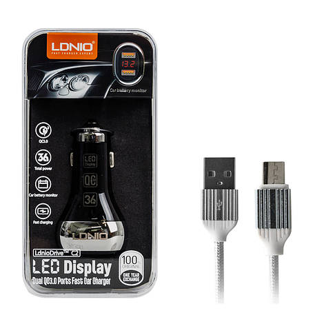 АЗП USB LDNIO C2 6 A 36 W QC 3.0 2 в 1 (адаптер + кабель USB-Micro USB) 2 USB з цифровою індикацією, фото 1