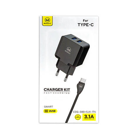 Зарядний пристрій USB MIMACRO CDQ 080 3.1 A 2 в 1 (адаптер + кабель USB - Type-C) чорне, фото 1
