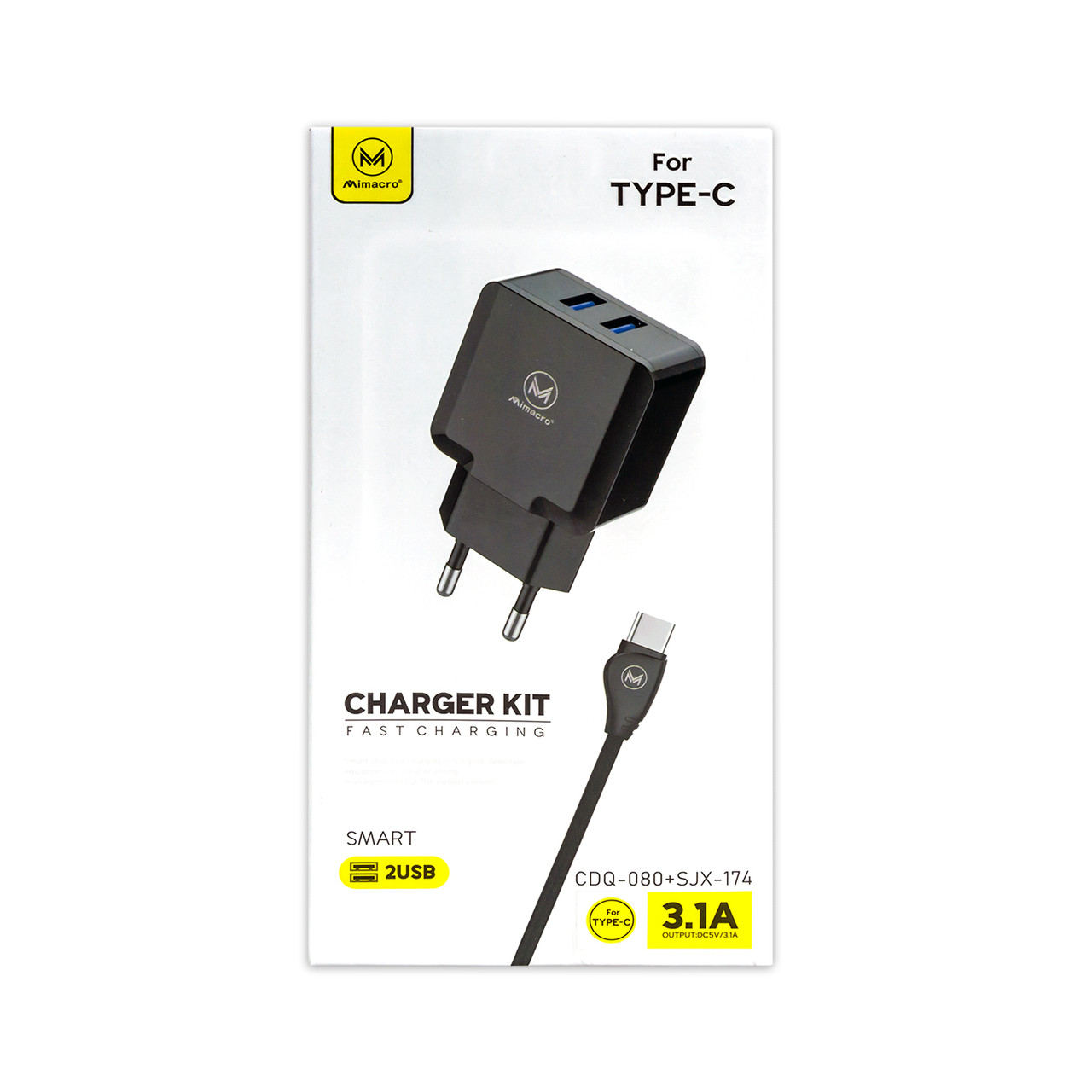 Зарядний пристрій USB MIMACRO CDQ 080 3.1 A 2 в 1 (адаптер + кабель USB - Type-C) чорне