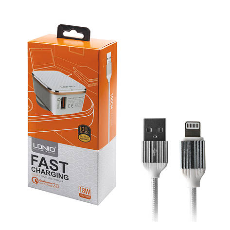 Зарядний пристрій USB LDNIO A1204Q 3 A 18 W QuickCharge 3.0 2 в 1 (адаптер + кабель USB - Lightning), фото 1