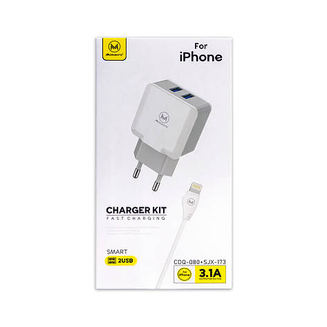 Зарядний пристрій USB MIMACRO CDQ 080 3.1 A 2в1 (адаптер + кабельUSB-Lightning) біле, фото 1