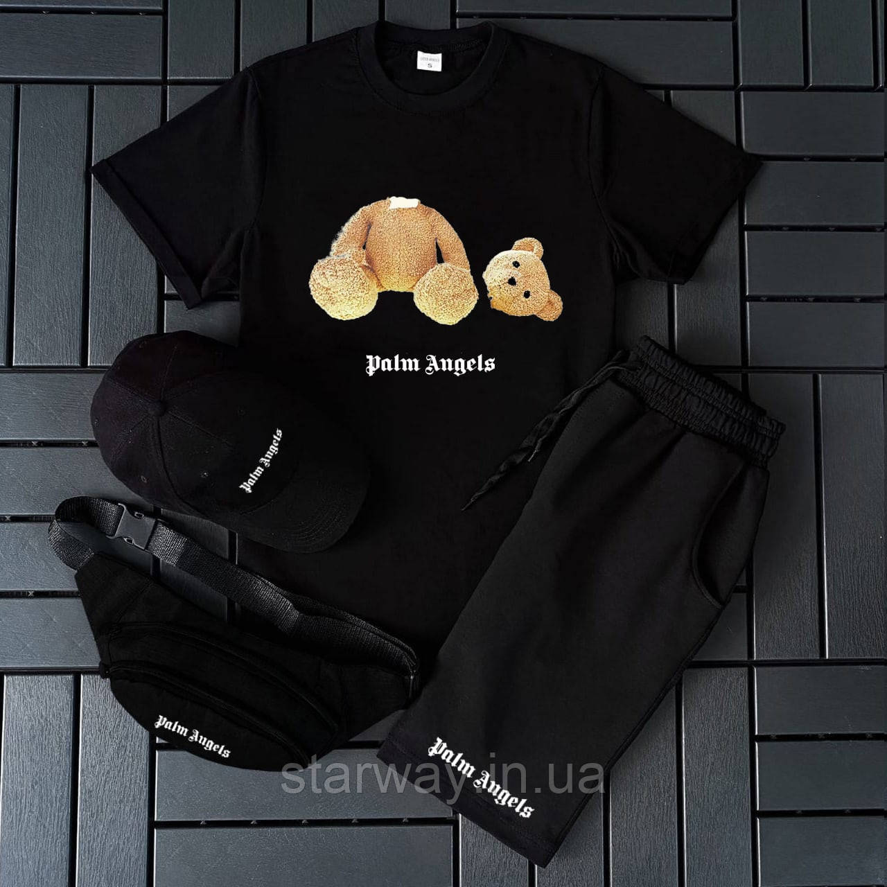 Комплект palm angels bear logo | палм енджелс футболка шорти кепка