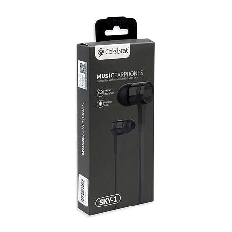 Навушники CELEBRAT SKY-1 вакуумні з гарнітурою, чорні, фото 1