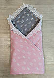 Двосторонній конверт ковдру на виписку з пологового будинку з бантом, гумкою і мереживом для дівчинки, фото 5
