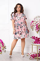 Лёгкое летнее платье-трапеция с цветочным принтом (большой размер) 52-54, розовый с цветами, голубой с цветами, серый с цветами