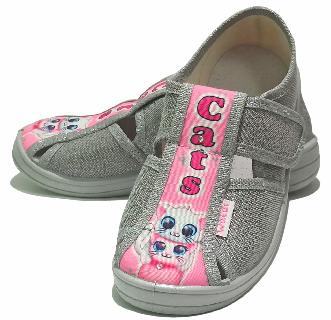Дитячі тапочки для дівчинки текстильні Валди Waldi Маша Cats сіро-рожеві. розміри 24-27