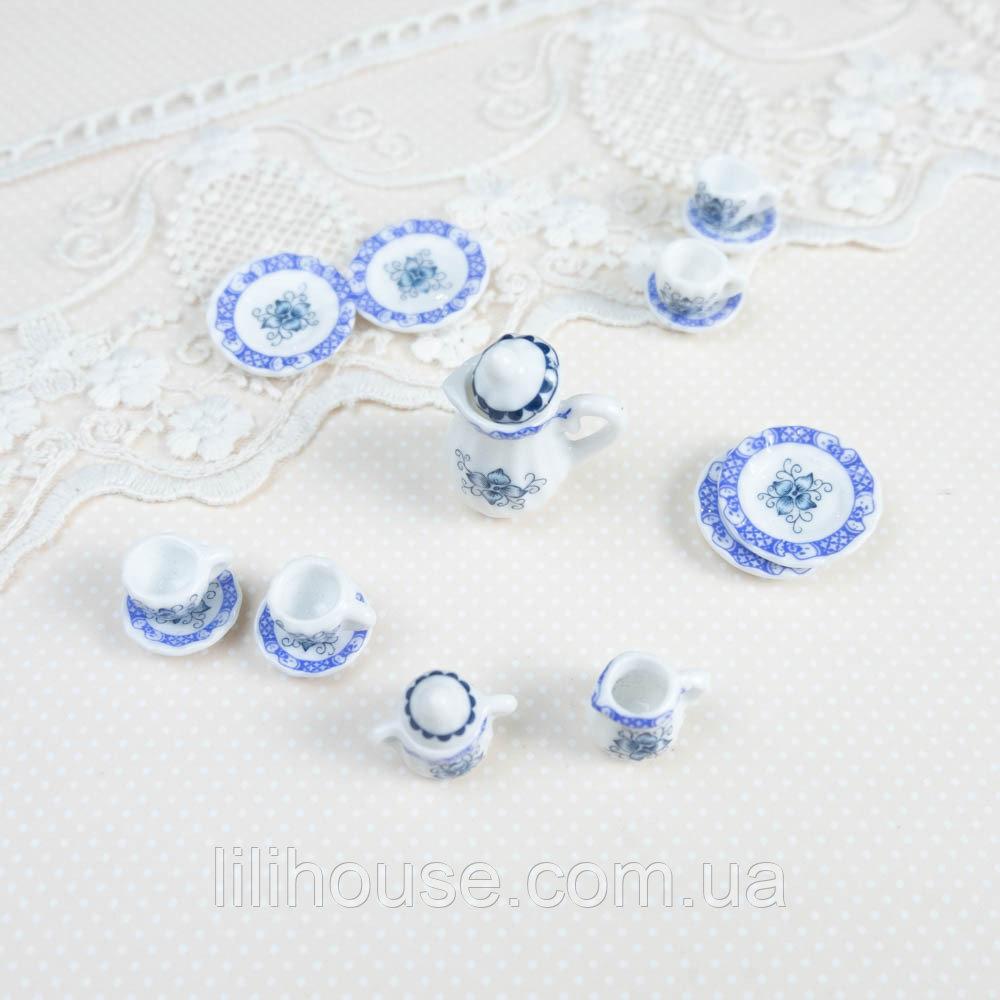 Мініатюрний чайний керамічний набір Синій кант квіти, фото 1