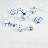 Мініатюрний чайний керамічний набір Синій кант квіти, фото 3