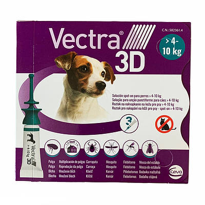 Vectra 3D 4-10кг краплі проти бліх і кліщів 3 піпетки Вектра 3Д для собак Ceva
