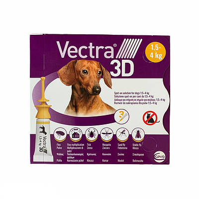 Vectra 3D 1.5-4кг краплі проти бліх і кліщів 3 піпетки Вектра 3Д для собак Ceva