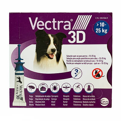 Vectra 3D 10-25кг краплі проти бліх і кліщів 3 піпетки Вектра 3Д для собак Ceva
