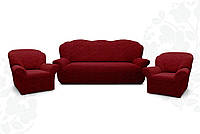 Чехол на диван и два кресла из плотной жаккардовой ткани Дивандек универсальный без юбки Цвет Бордовый
