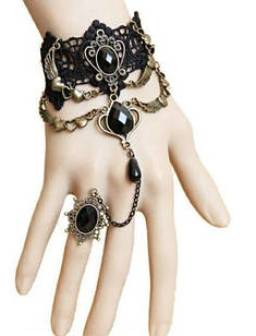 Браслет мереживо з кільцем, серця з крилами, чорний