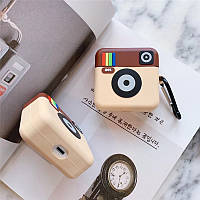 Чехол для наушников AirPods 1/2 Instagram (Инстаграм) c карабином, силиконовый (коричневый)
