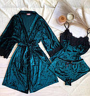 Женская пижама тройка:халат, шорты и маечка