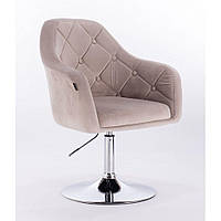 Парикмахерское кресло Париж (Paris) латте светло коричневое велюровое с пуговицами база хром диск