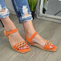 Босоножки замшевые женские на низком ходу, квадратный носок. Цвет оранжевый. 39 размер