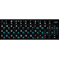 Наклейка на клавиатуру Rus / English 12 х 12 мм чёрный фон / синие буквы