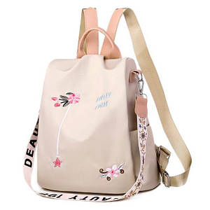 Рюкзак сумка антизлодій з вишивкою квіточок жіночий міський бежевий Код 10-0116