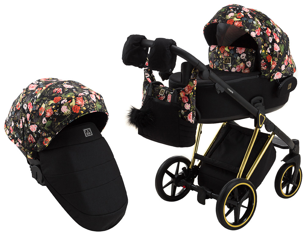 Коляска 2 в 1 Adamex Porto Special Edition Gold Flowers-1 чорний