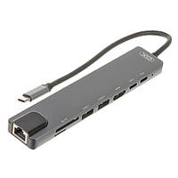 USB HUB адаптер XO-HUB003 2 USB / Type-C/ PD / HDMI 4K / SD / TF / RJ45 8 in 1, Steel