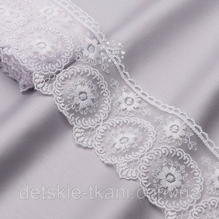 Моток мережива (9 метрів) з вишивкою на сітці білого кольору, ширина 7 см №0000062, фото 1