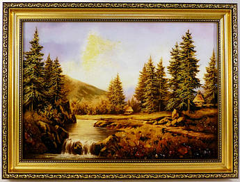 Картина з бурштину Пейзаж Річка/гори/будиночки в лісі П-155 40*60
