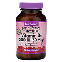 Вітамін D3 2000IU, Смак Малини, Earth Sweet Chewables, Bluebonnet Nutrition, 90 жувальних таблеток