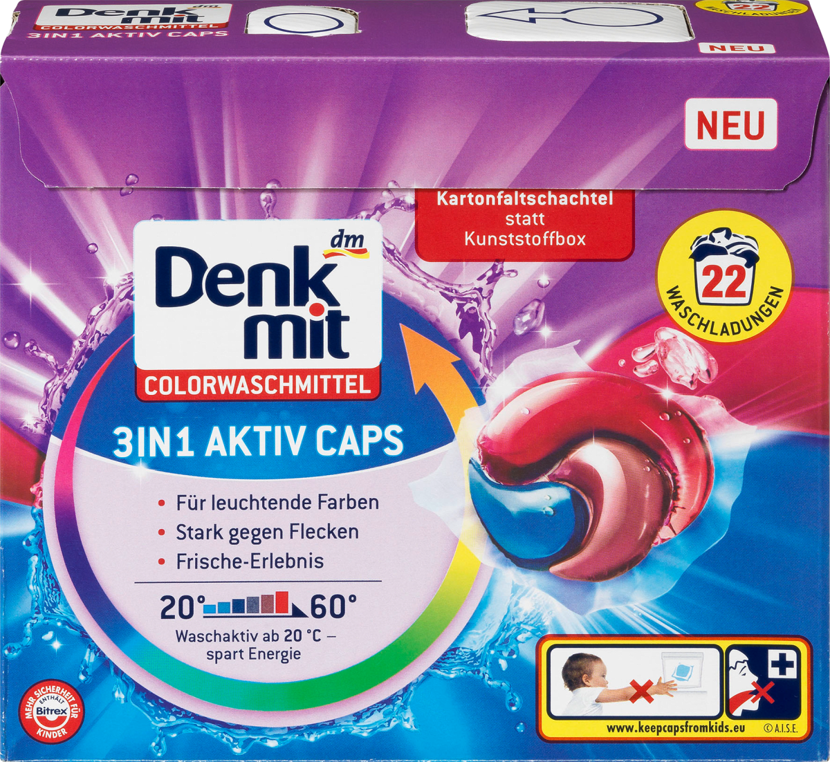 Капсули для прання Denkmit Colorwaschmittel 3in1 Aktiv Caps, 22 шт.