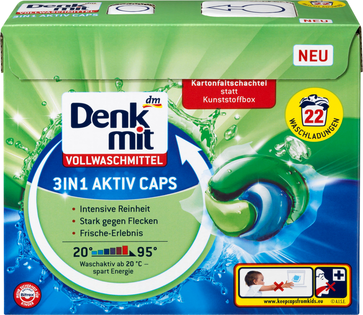 Капсули для прання Denkmit Vollwaschmittel 3in1 Aktiv Caps, 22 шт.