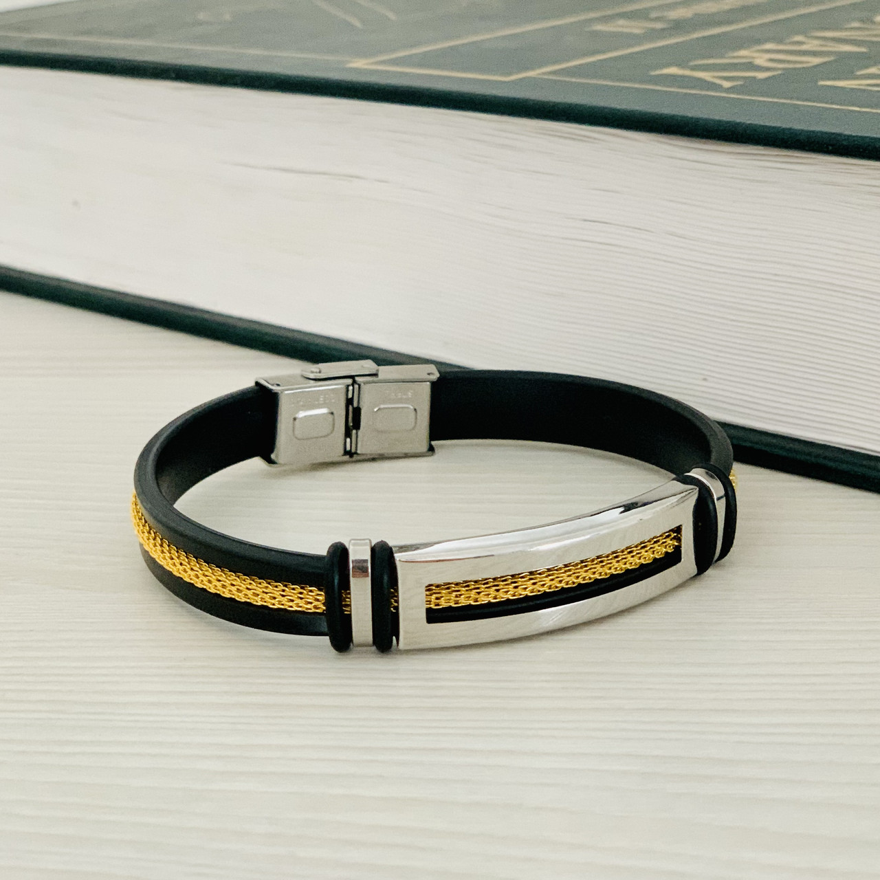 Каучуковий браслет «ChainLux» зі вставками з нержавіючої сталі (золото)