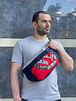 Мужская большая вместительная бананка \ поясная сумка \ сумка на пояс \ с подкладкой "My care" синяя с красным
