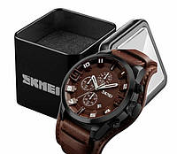 Наручные мужские кварцевые часы Skmei 9165 на массивном кожаном коричневом ремешке